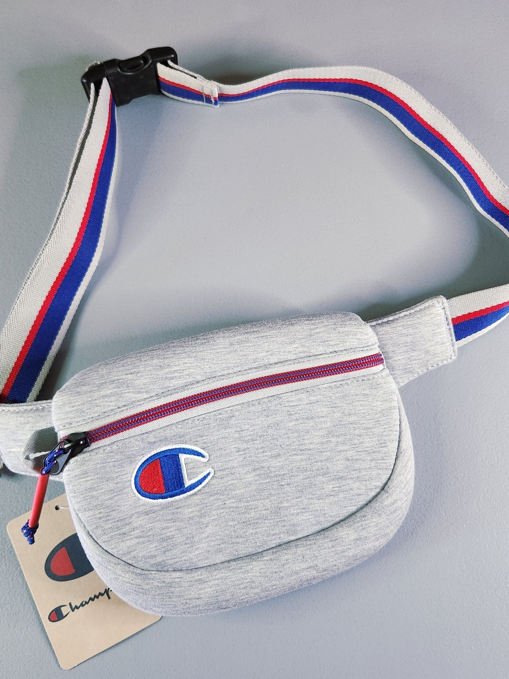 Champion Heather Gray Belt Bag with Red, Blue & White Strap